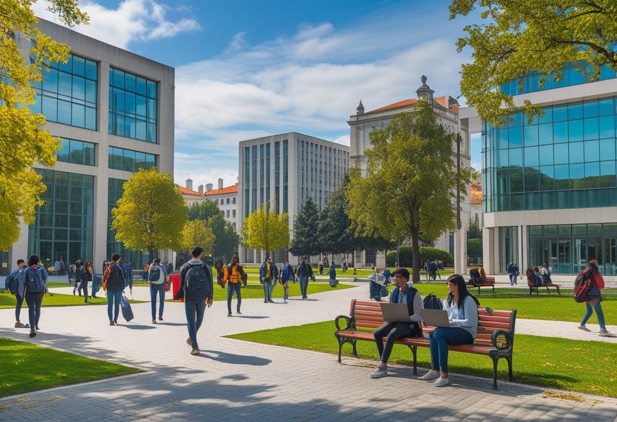University of Lisbon campus with students walking and studying outdoors among modern buildings and green trees on a sunny day.