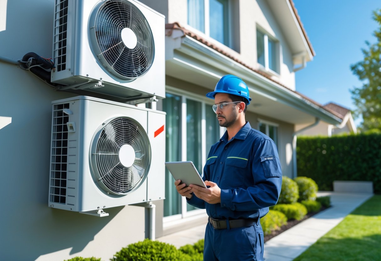 Technician inspecting a modern home's hybrid air conditioning and heat pump units outside on a sunny day.