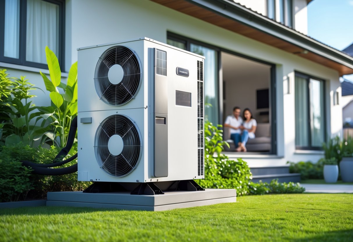 A modern house exterior with a hybrid air conditioning unit installed outside and a family visible inside through a window.