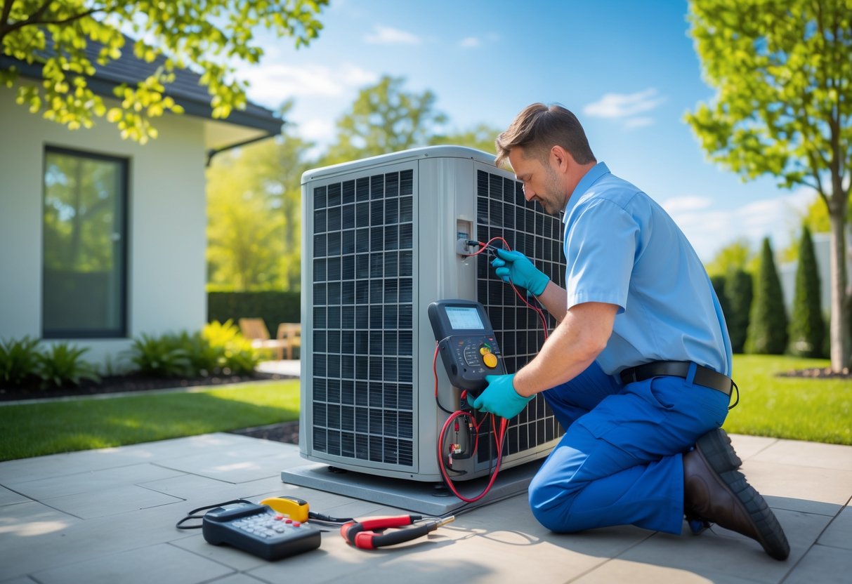 Technician inspecting a hybrid air conditioning unit outdoors in a sunny residential garden during spring or summer.