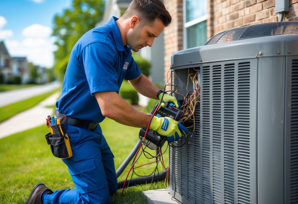 An HVAC technician repairing an outdoor air conditioning unit outside a suburban home on a sunny day.