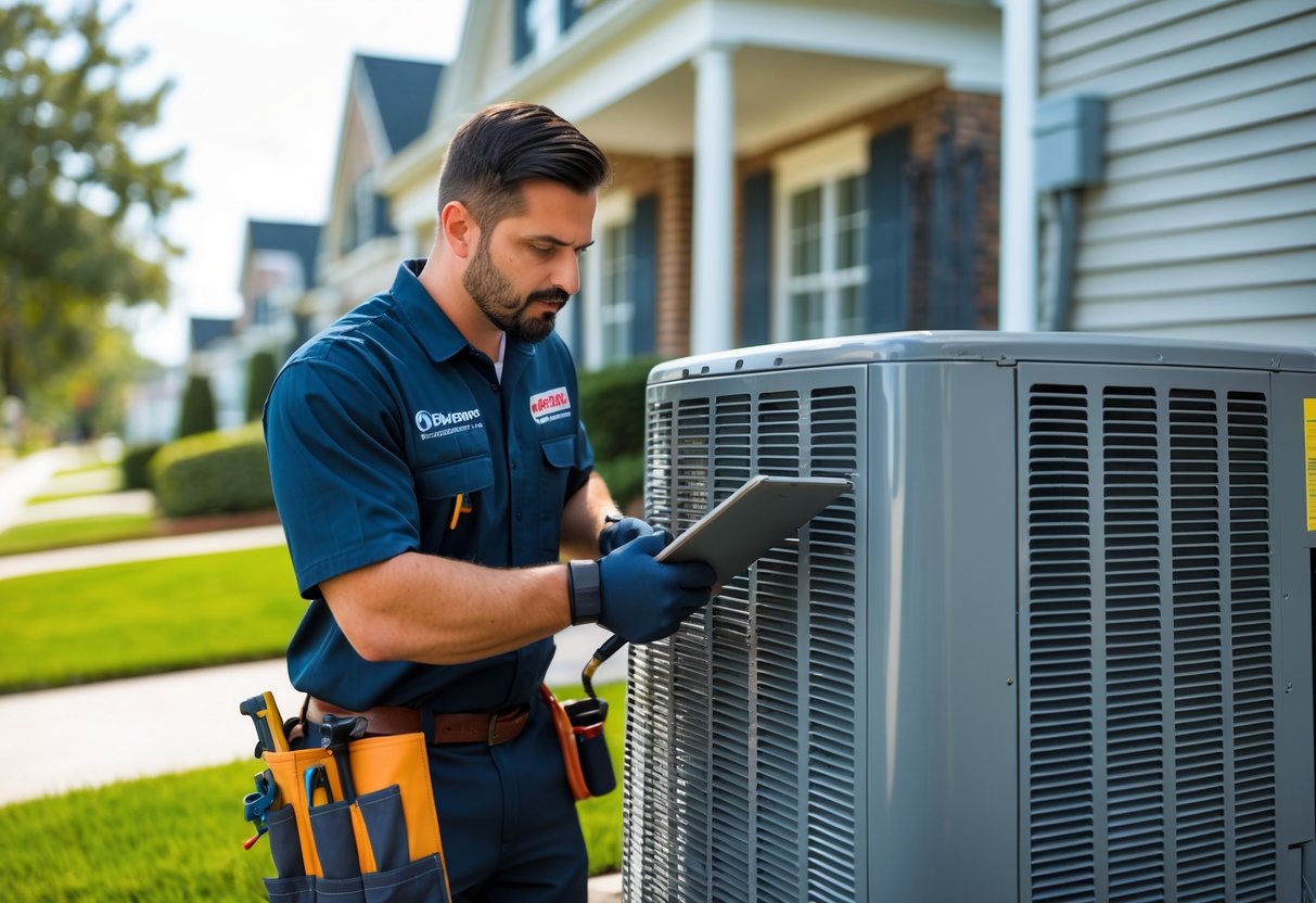 An HVAC technician urgently repairing an outdoor air conditioning unit outside a house in a suburban neighborhood.