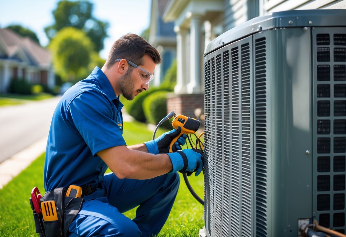 An HVAC technician repairing an outdoor air conditioning unit in a suburban neighborhood.