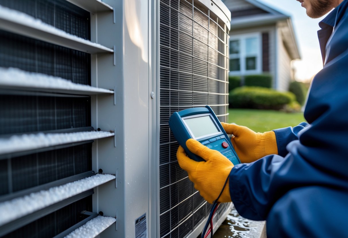 Technician inspecting a residential air conditioning unit outdoors showing signs of malfunction.