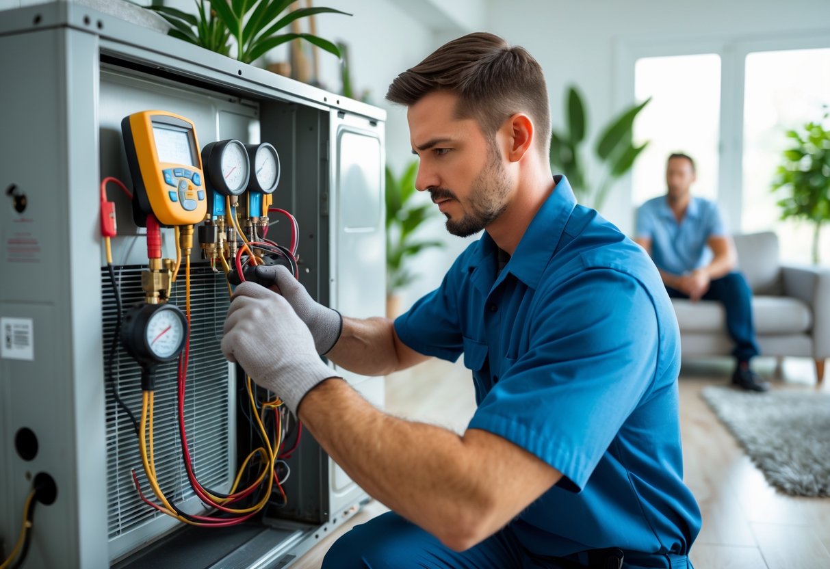 An HVAC technician inspecting an air conditioning unit inside a modern home while a homeowner watches.