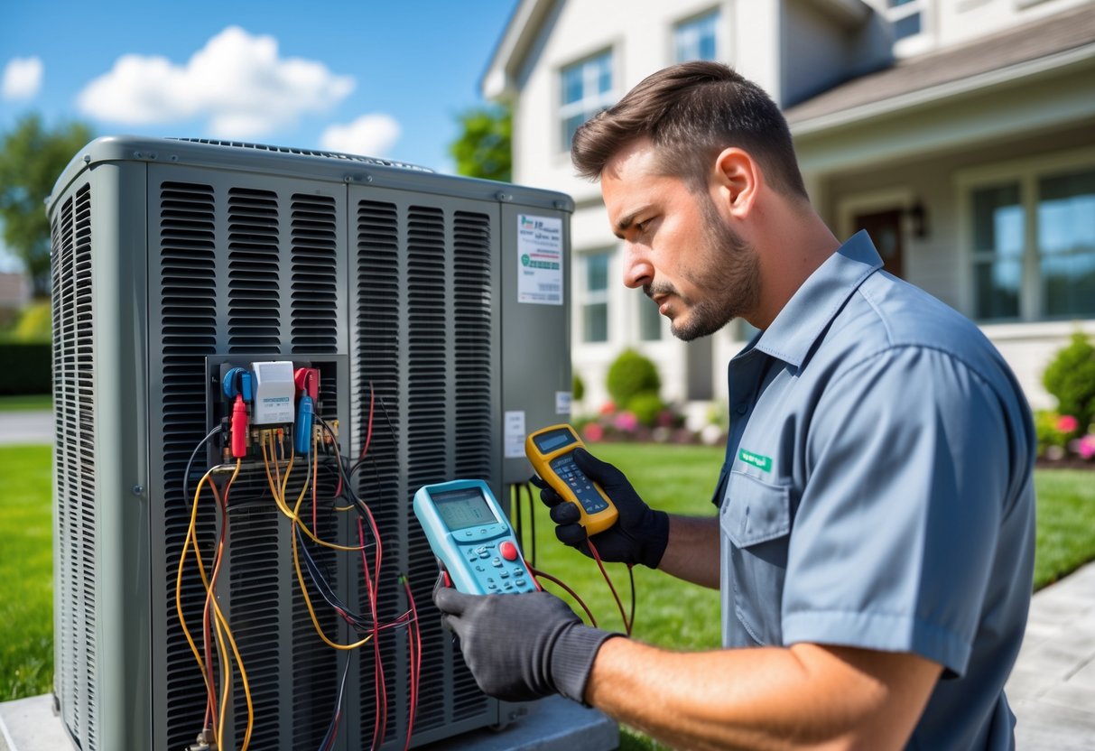 A technician repairs an outdoor air conditioning unit while a homeowner watches nearby.