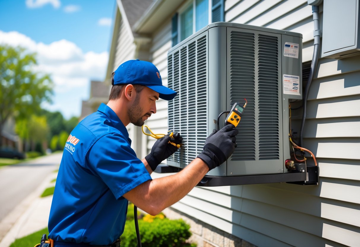 Technician repairing an outdoor air conditioning unit on a house in a suburban neighborhood during daytime.
