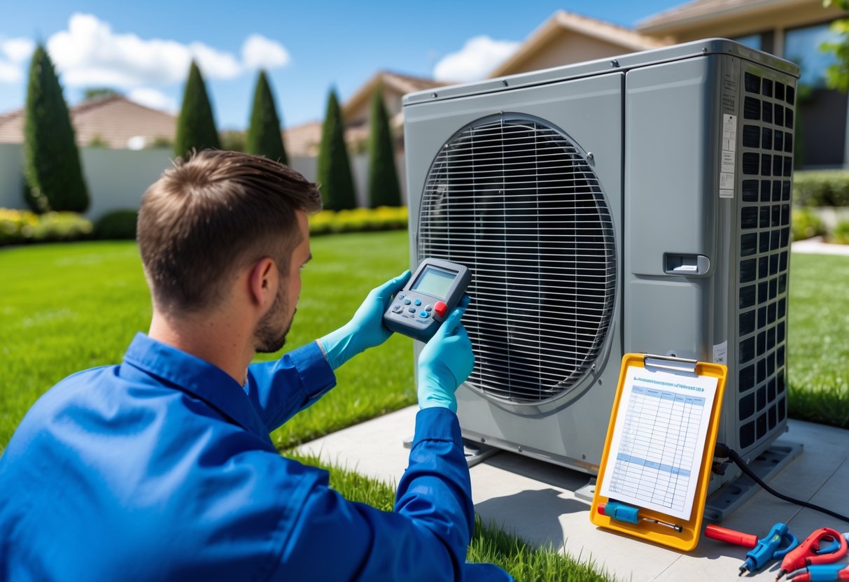 A technician in a blue uniform inspects an outdoor air conditioning unit on a sunny day with tools and a checklist nearby.