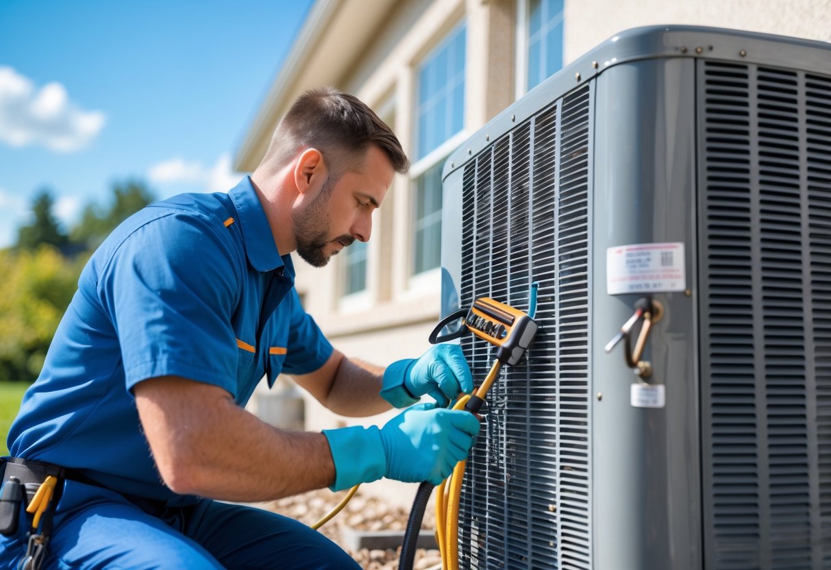 Technician inspecting an outdoor air conditioning unit on a sunny day.