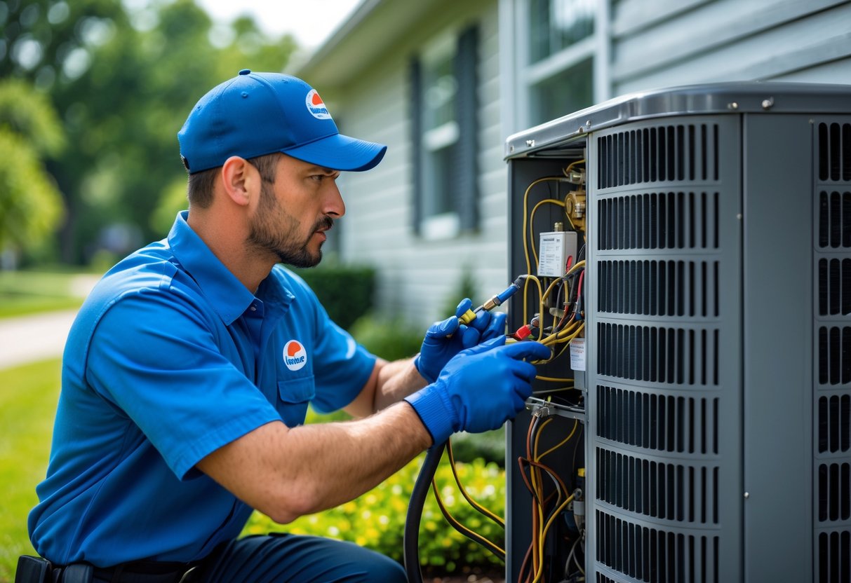 A technician quickly repairing an outdoor air conditioning unit at a residential home.