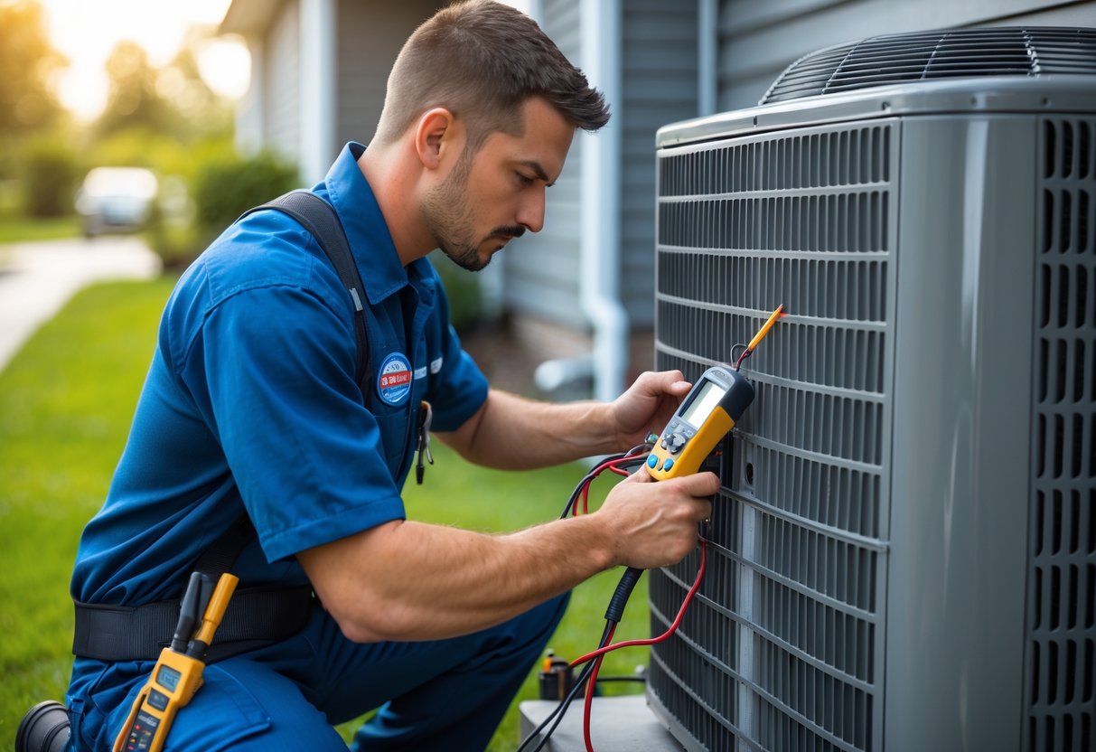 A technician repairing an outdoor air conditioning unit on a residential property during the day.