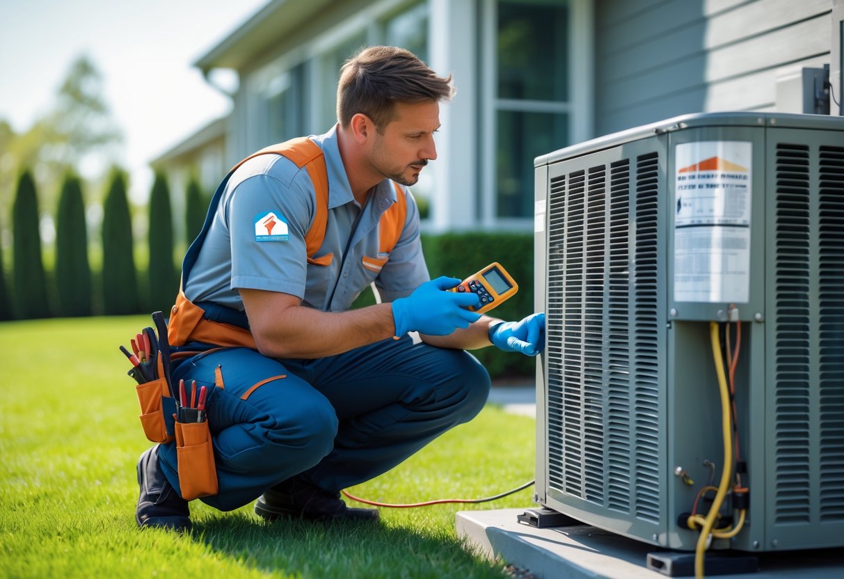 A technician inspecting an outdoor air conditioning unit while a homeowner talks to him in a backyard.