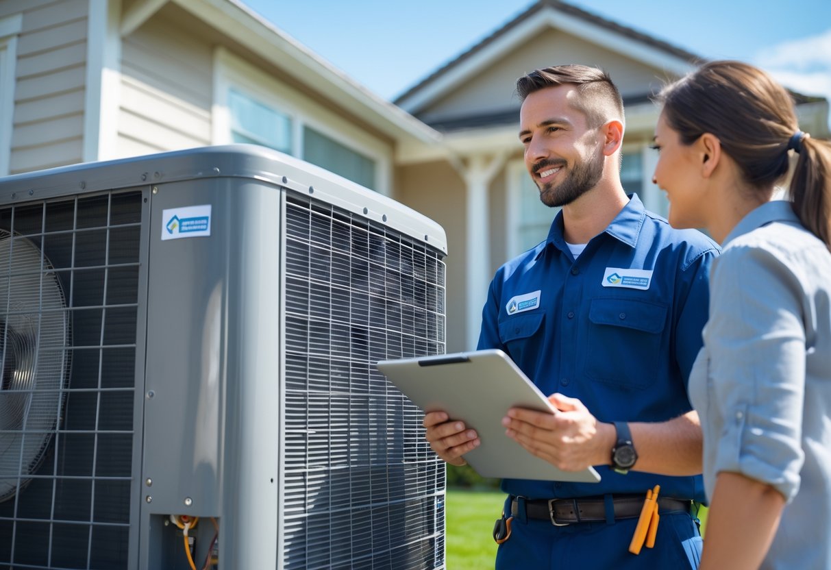 An HVAC technician talking with a homeowner next to an air conditioning unit outside a house.