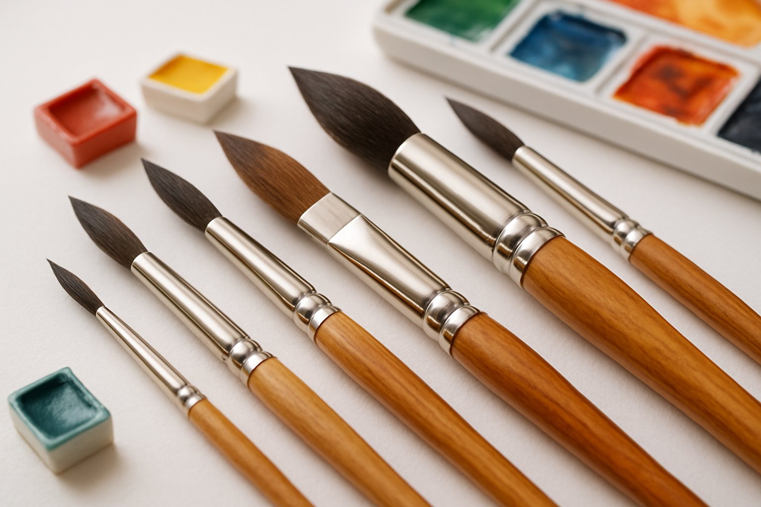 A collection of watercolor paintbrushes of different shapes and sizes arranged on a white surface with watercolor paints nearby.