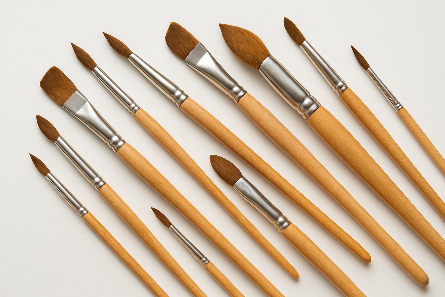 A collection of various watercolor paintbrushes arranged on a white surface.