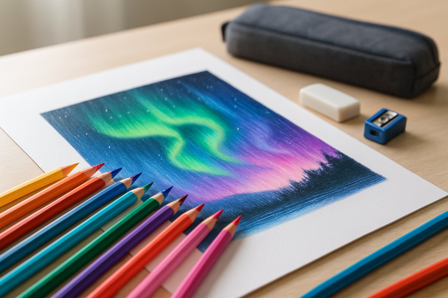 A workspace with colored pencils, a sharpener, an eraser, and a partially drawn picture of the Northern Lights on white paper.