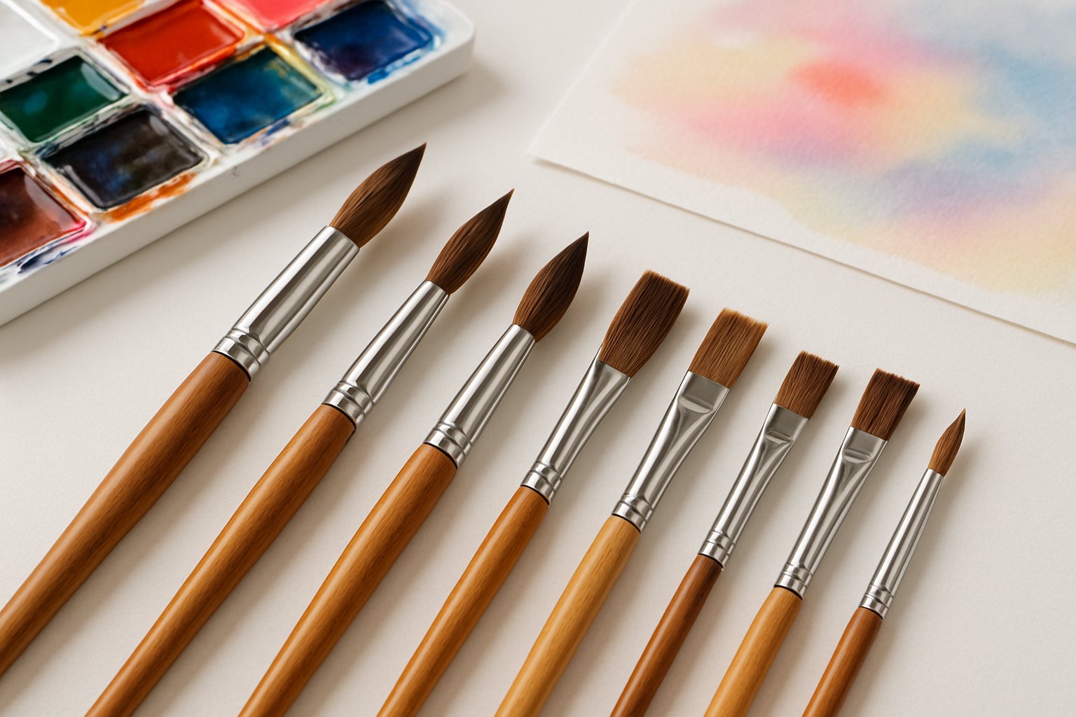 A selection of watercolor paintbrushes with a watercolor palette and painted paper on a white surface.