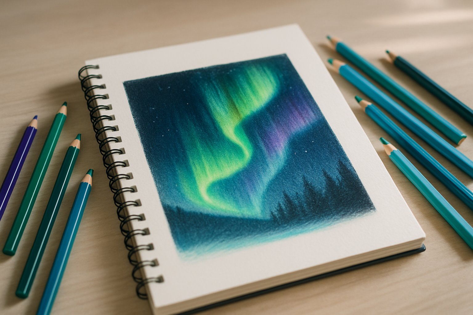 A sketchbook open to a colorful drawing of the Northern Lights with colored pencils scattered around on a well-lit table.