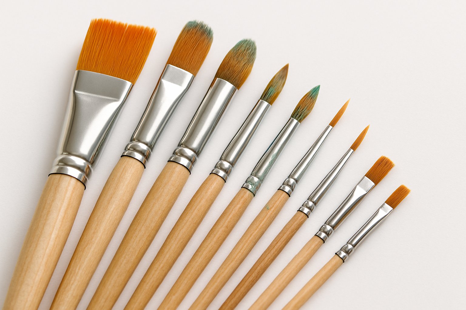 A set of clean paintbrushes for acrylic paint arranged on a white surface.