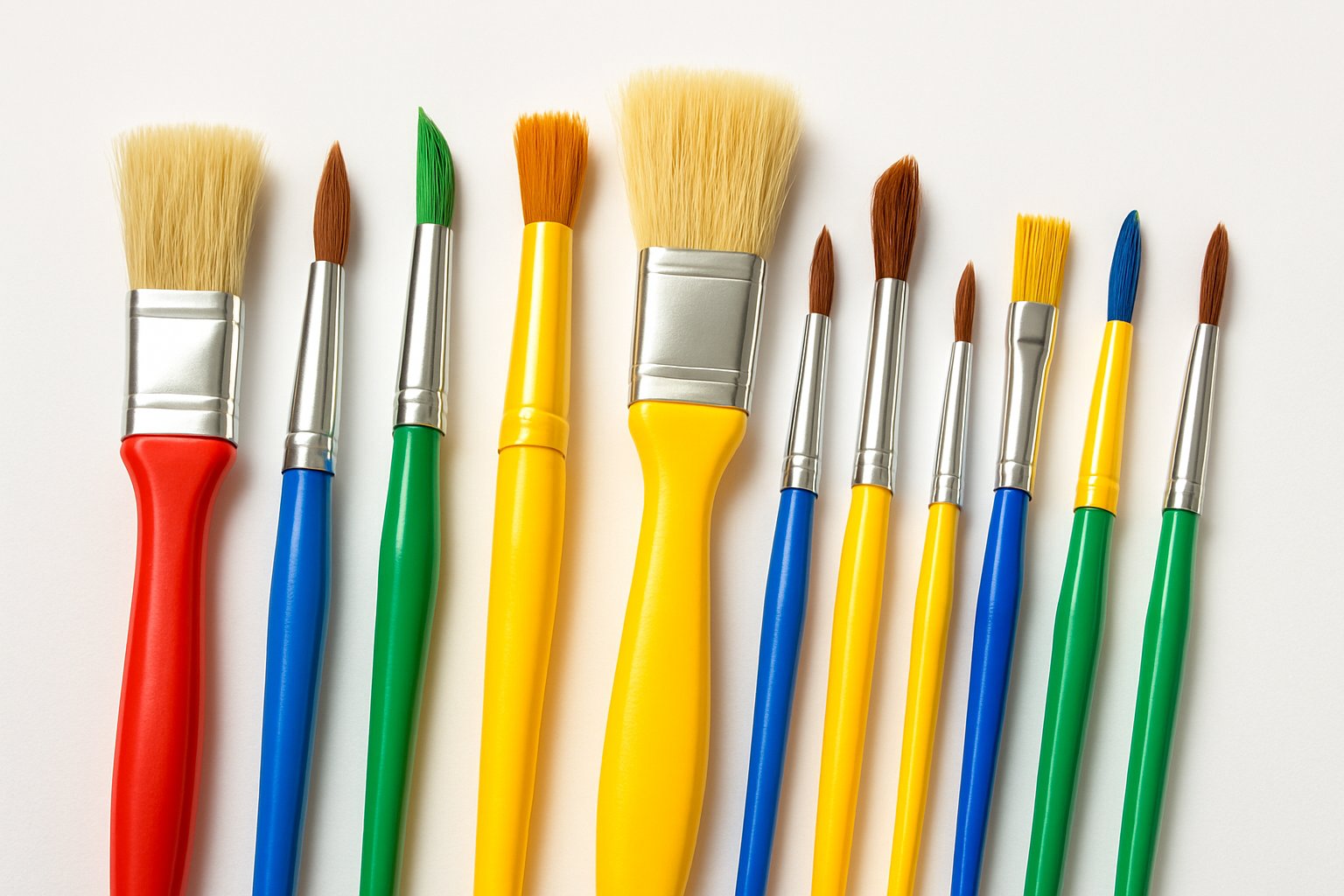 An assortment of different kids' paintbrushes with colorful handles arranged on a white surface.