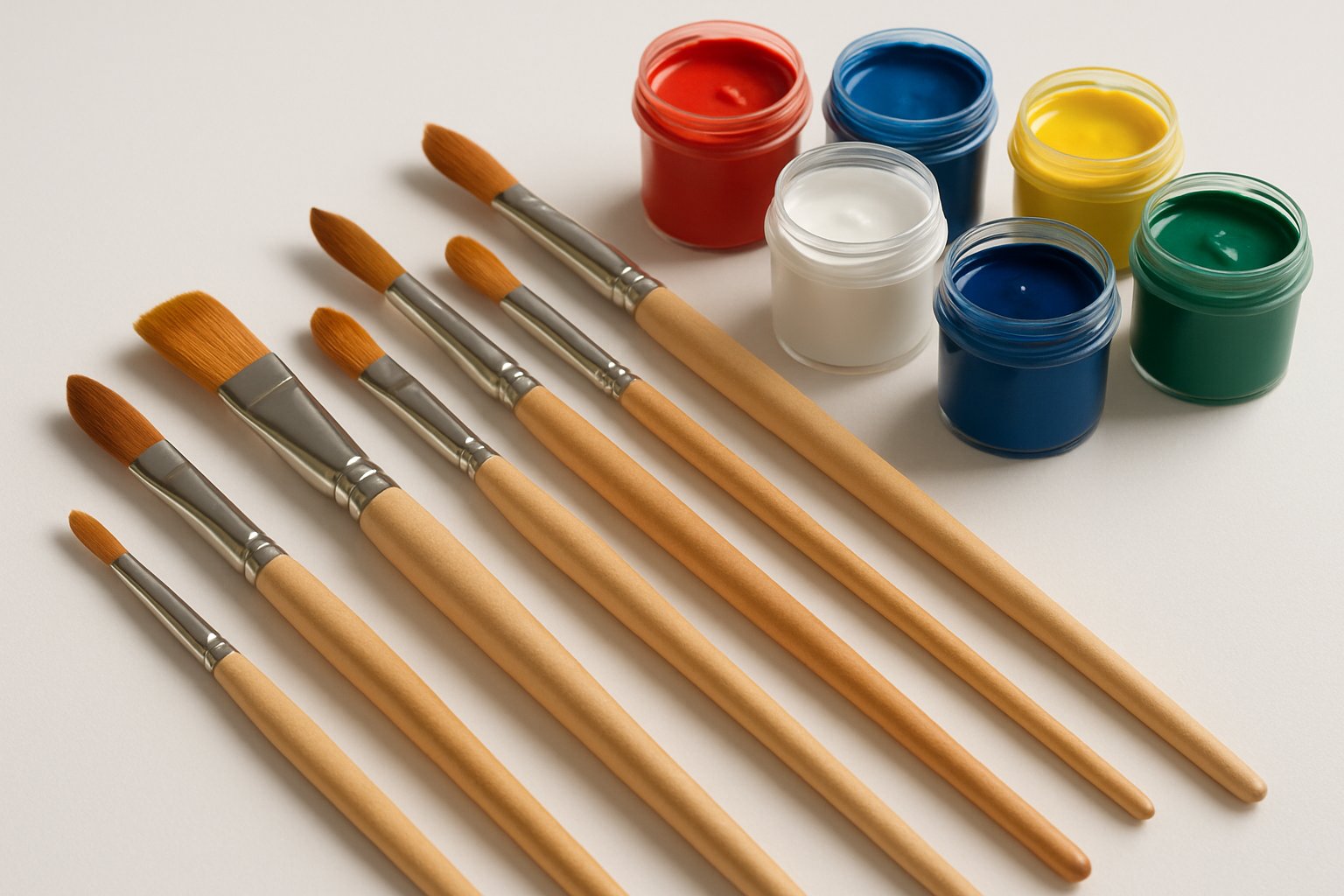 A collection of different paintbrushes and small jars of acrylic paint arranged on a white surface.