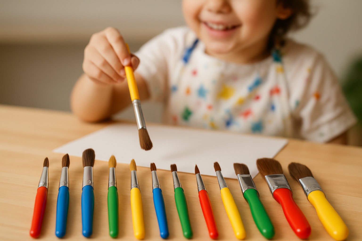 A child holding a colorful paintbrush with several other paintbrushes on a wooden table nearby.