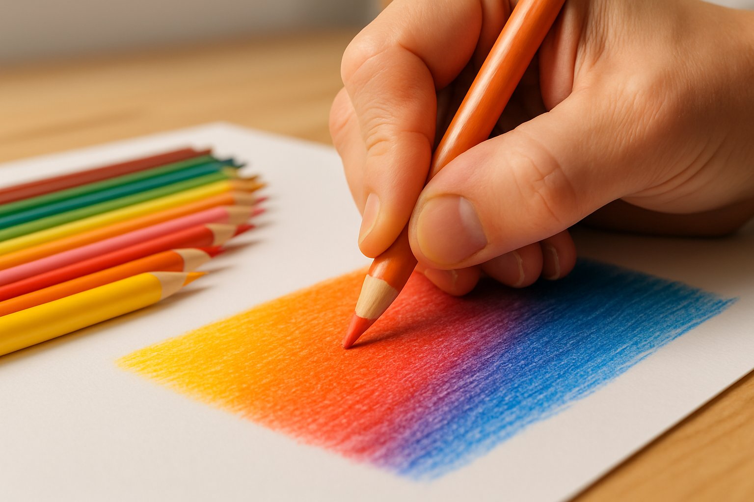 Close-up of a hand using a colored pencil on paper with vibrant colors and smooth blending, surrounded by other colored pencils.