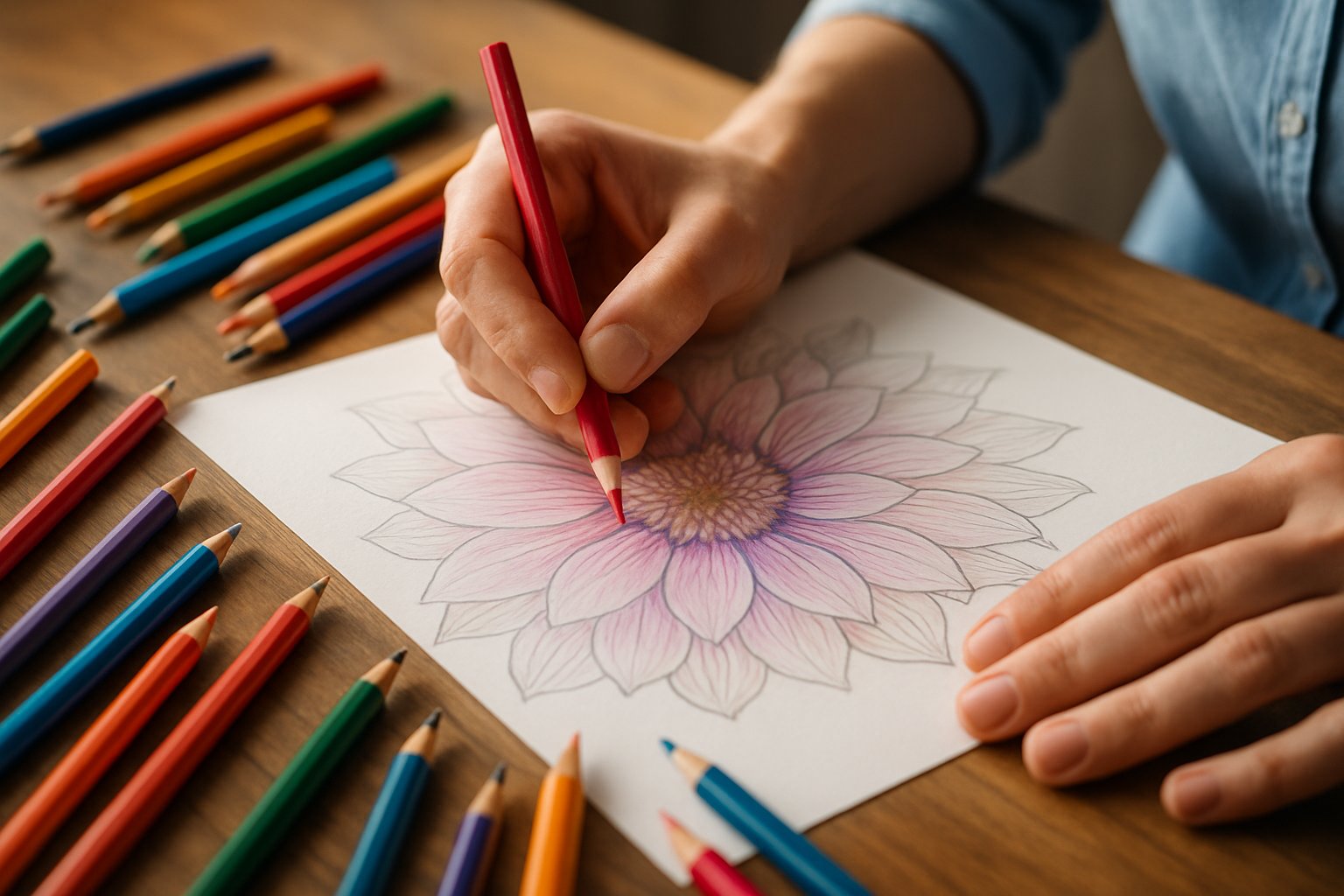 Close-up of hands coloring a detailed flower drawing with colored pencils on a wooden table.