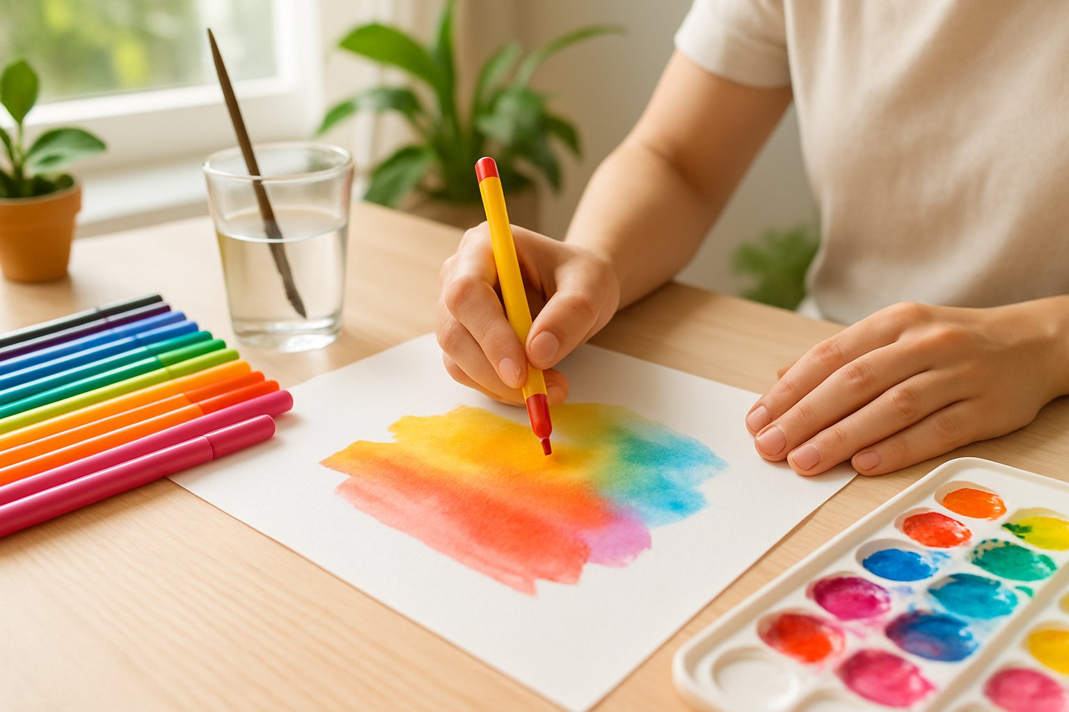 Hands using watercolor markers on paper surrounded by art supplies on a bright workspace.