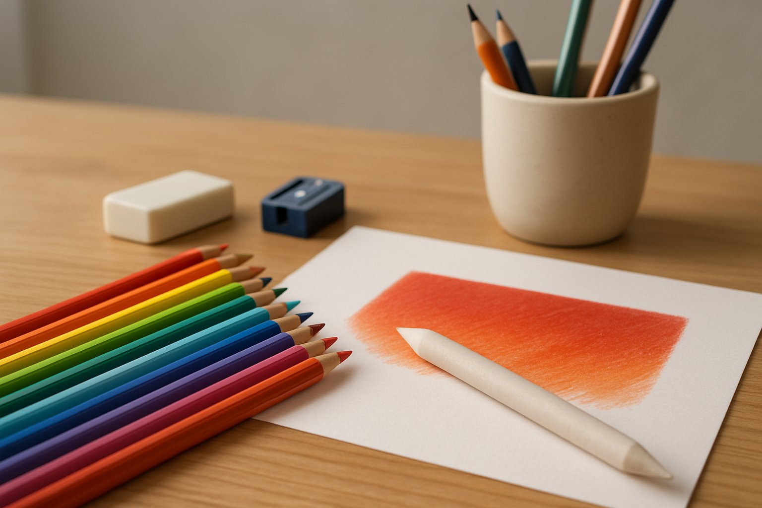 An artist's workspace with colored pencils, a blending stump, and a partially completed colored pencil drawing showing smooth, glossy colors.