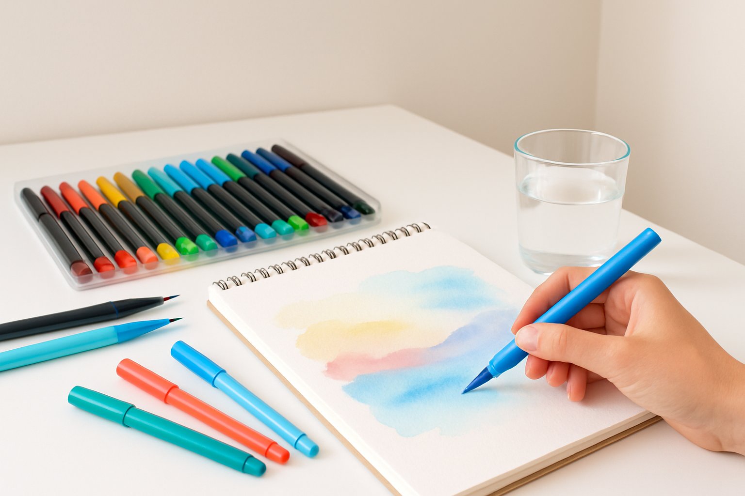 A hand holding a watercolor marker over an open sketchbook with a watercolor painting in progress on a white table with art supplies.