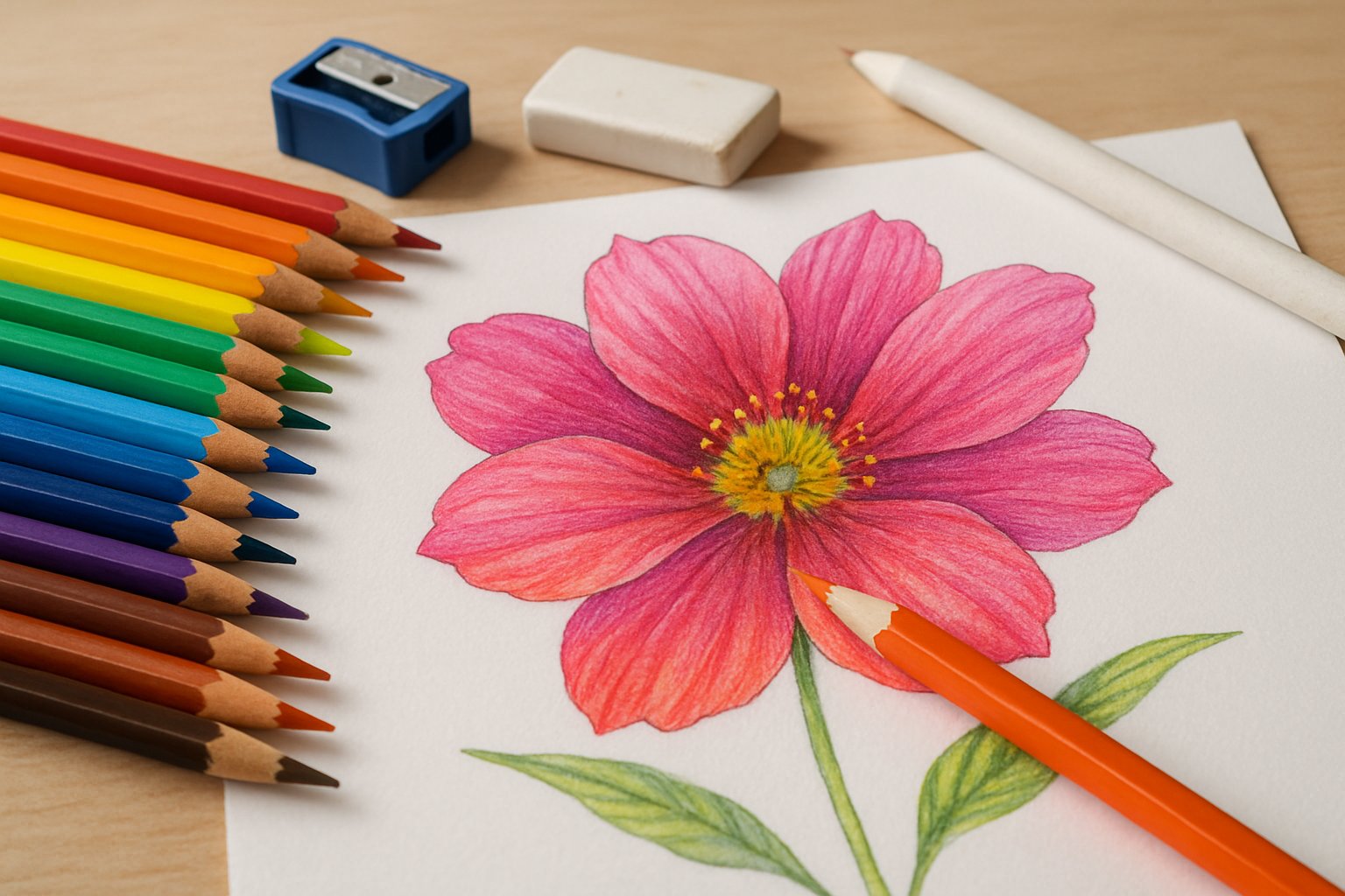 Close-up of a flower drawing in progress surrounded by colored pencils and art supplies on a well-lit workspace.