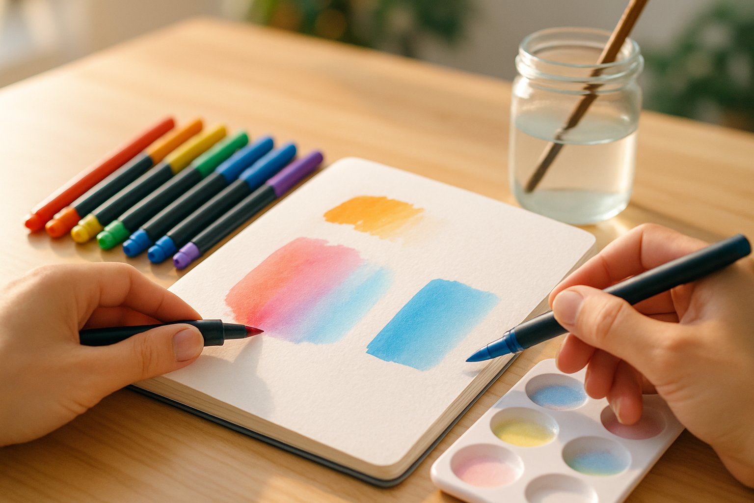 Hands using watercolor markers on an open sketchbook with art supplies on a well-lit table.