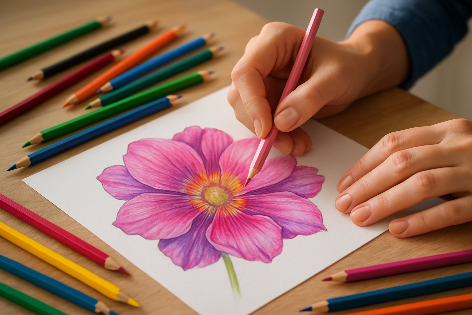 Hands coloring a detailed flower drawing with colored pencils on a wooden table.