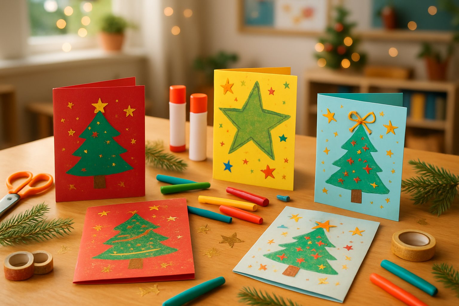 A table with homemade Christmas cards for teachers surrounded by craft supplies and holiday decorations.