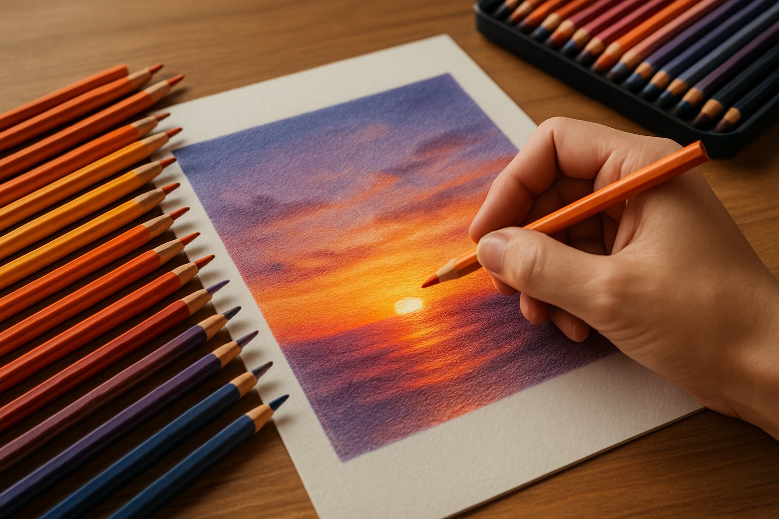 A hand drawing a colorful sunset with colored pencils on paper, surrounded by various colored pencils on a wooden desk.