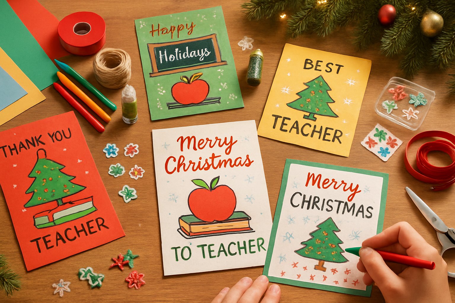 A person creating handmade Christmas cards for teachers at a table with craft supplies and festive decorations.