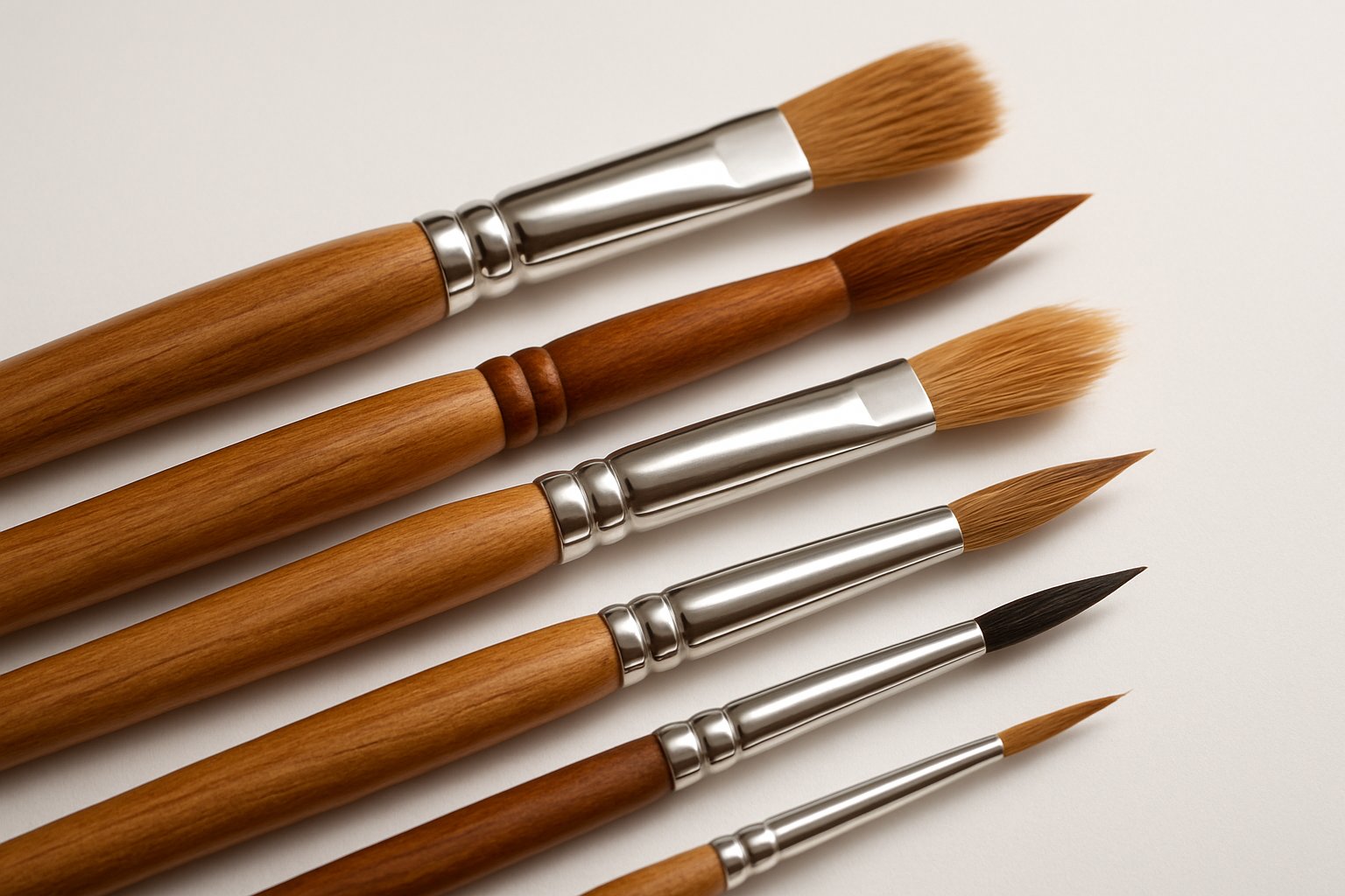 Close-up of several paintbrushes with wooden handles, metal ferrules, and bristles arranged on a white surface.