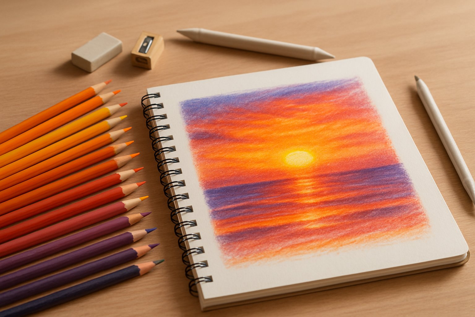 A desk with an open sketchbook showing a colorful sunset drawing surrounded by colored pencils and drawing tools.