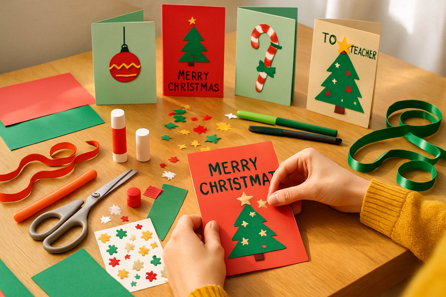 Hands creating homemade Christmas cards on a table filled with craft supplies and completed holiday cards in the background.