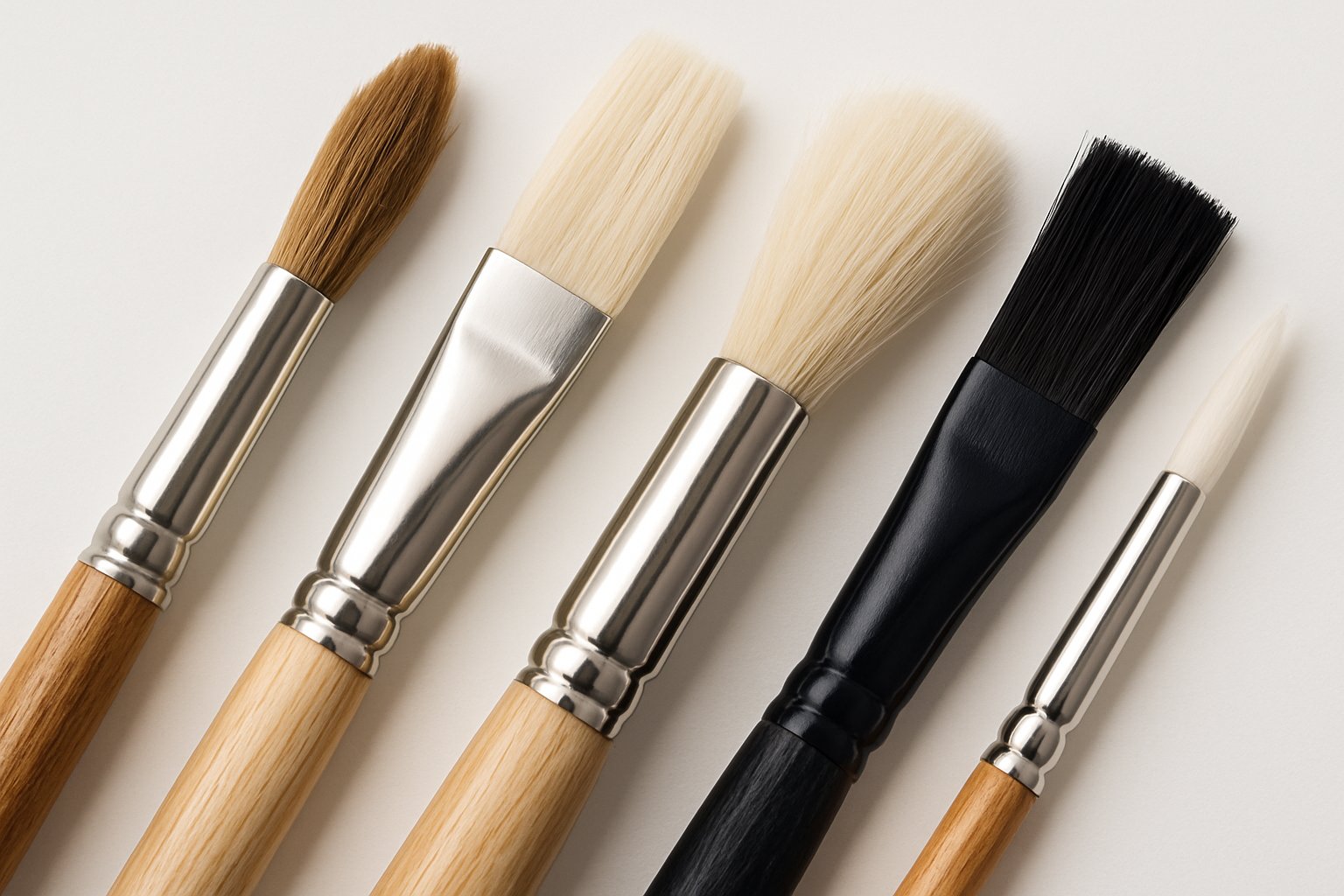 Close-up of various paintbrushes showing wooden handles, metal ferrules, and different types of bristles arranged on a white background.