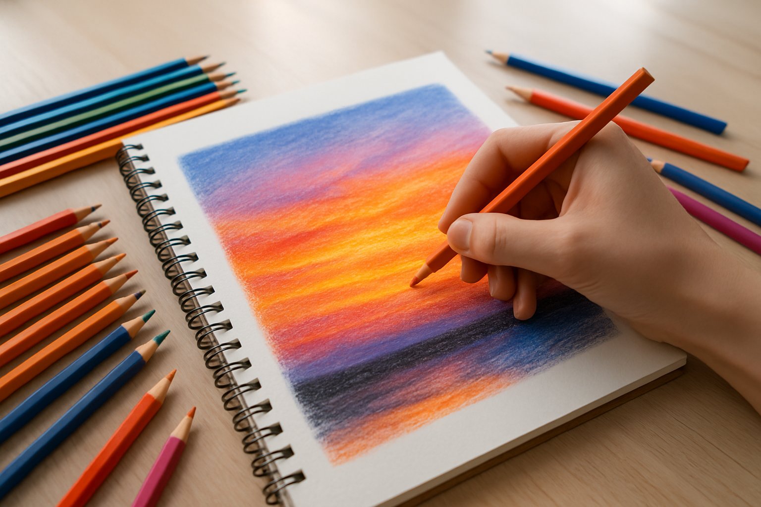 A hand drawing a colorful sunset with colored pencils on a sketchpad at a well-lit artist's workspace.