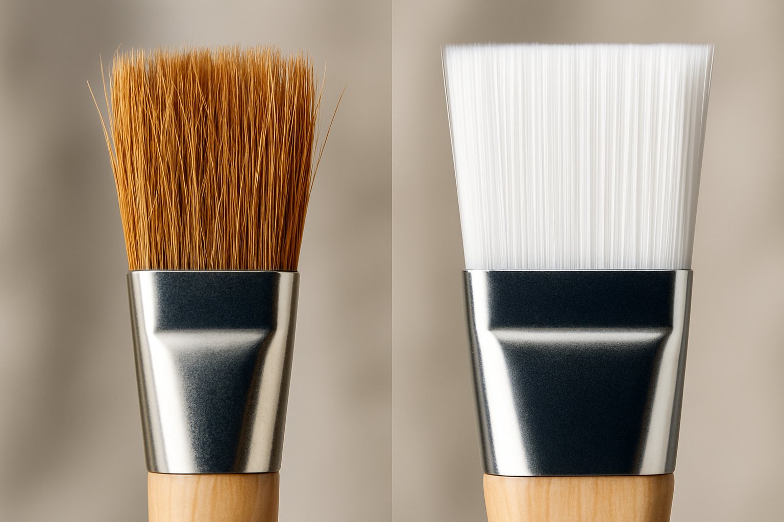 Close-up image showing two paintbrushes side by side, one with natural bristles and the other with synthetic bristles.
