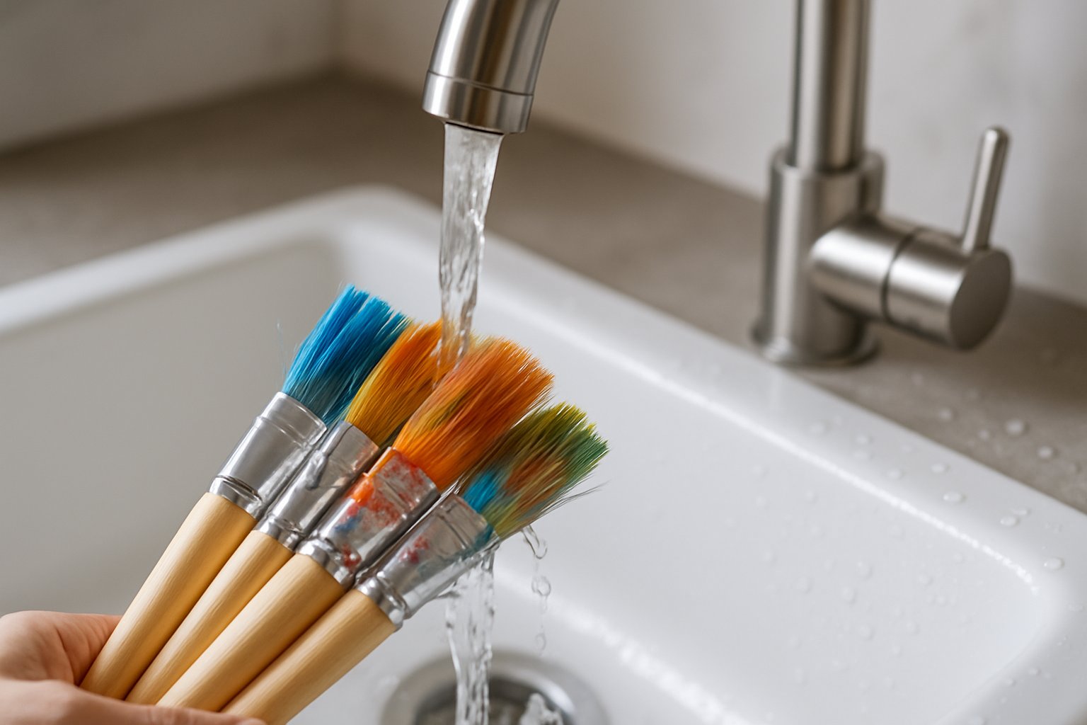 Close-up of paintbrushes being cleaned under running water in a white sink.