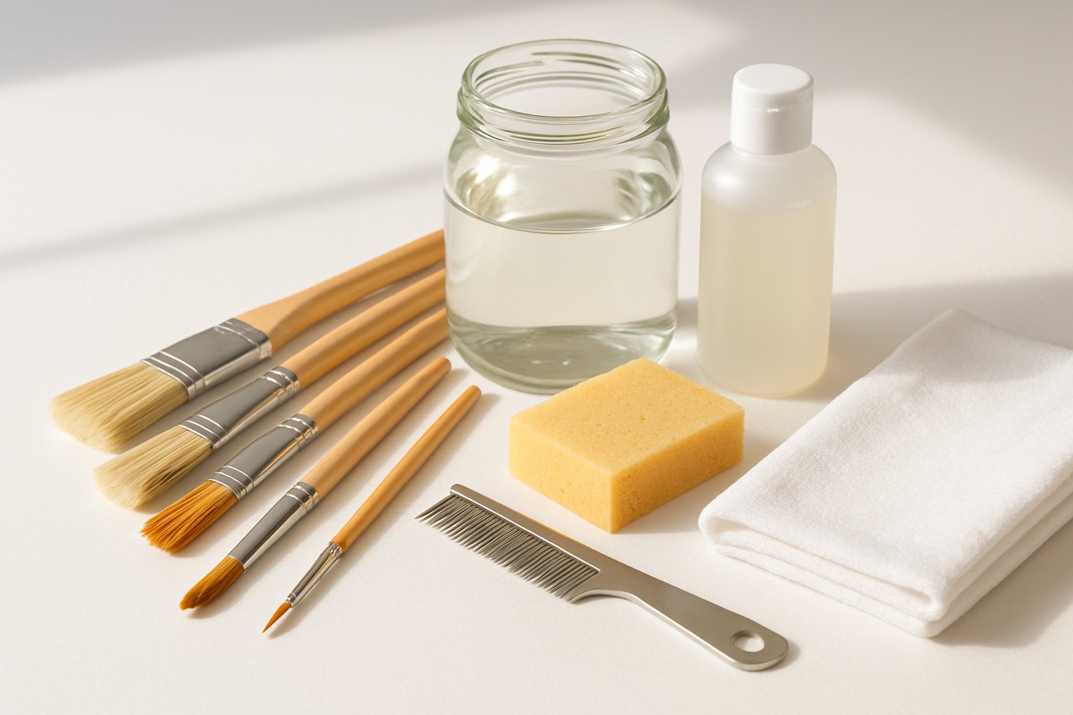 A collection of paintbrushes and cleaning supplies arranged on a white surface, including a glass jar of water, brush cleaner, sponge, brush comb, and cloth.