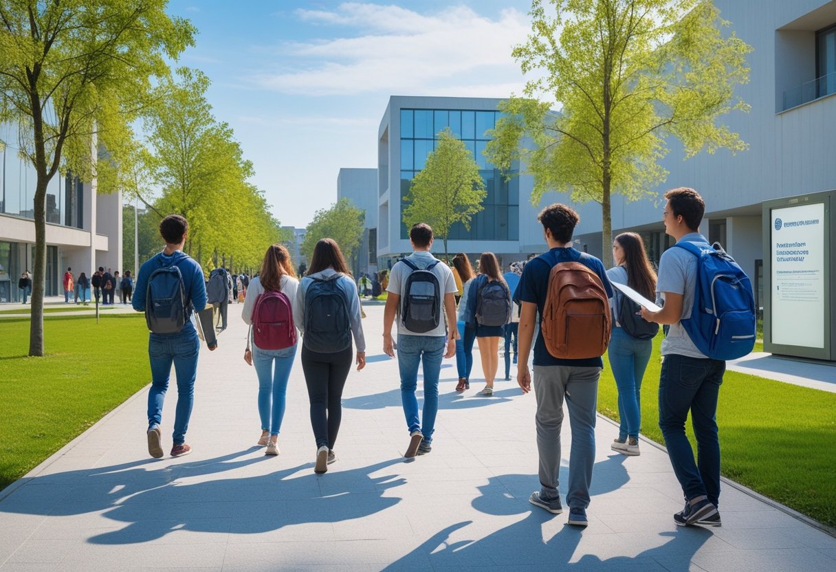 Students walking and talking on a university campus pathway with modern buildings and trees in the background under a clear sky.