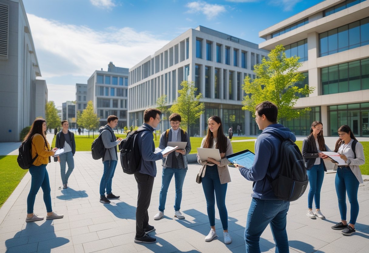 Students studying and discussing outside a modern university campus with buildings and green spaces in the background.