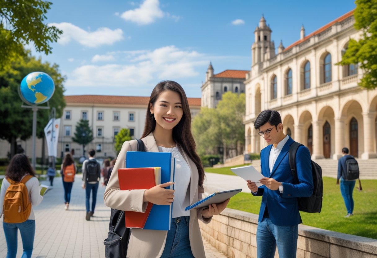 Students studying and interacting on a sunny university campus with historic buildings and greenery in the background.