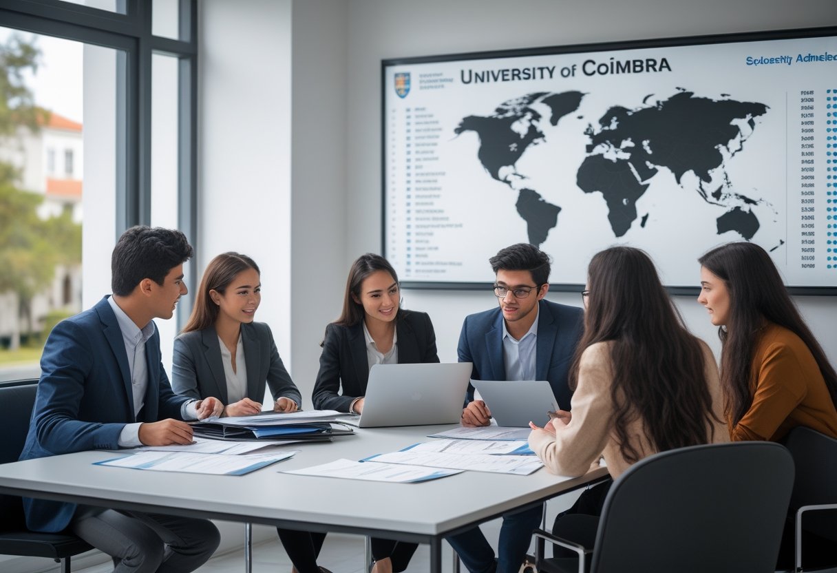 A group of diverse students sitting around a table in a bright university office, reviewing documents and laptops while discussing admissions and scholarships.
