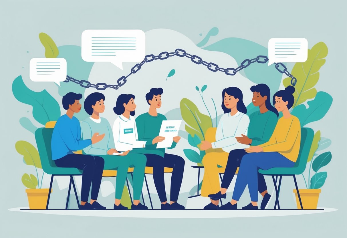 A group of people in a calm setting discussing financial papers with supportive expressions, surrounded by symbols of breaking free from debt and financial growth.